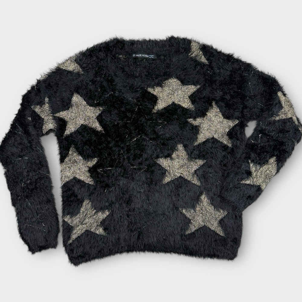 Haute Rogue Black Metallic Gold Star Fuzzy Eyelash Knit Sweater Medium